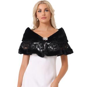 2346 Women's Wedding Cape For Dress Lace Trim Evening Faux Fur Shawl Shrug